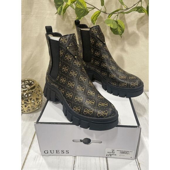 Guess Women's Hestia Lug Sole Chelsea Booties - Brown Logo 8.5M - Picture 1 of 7